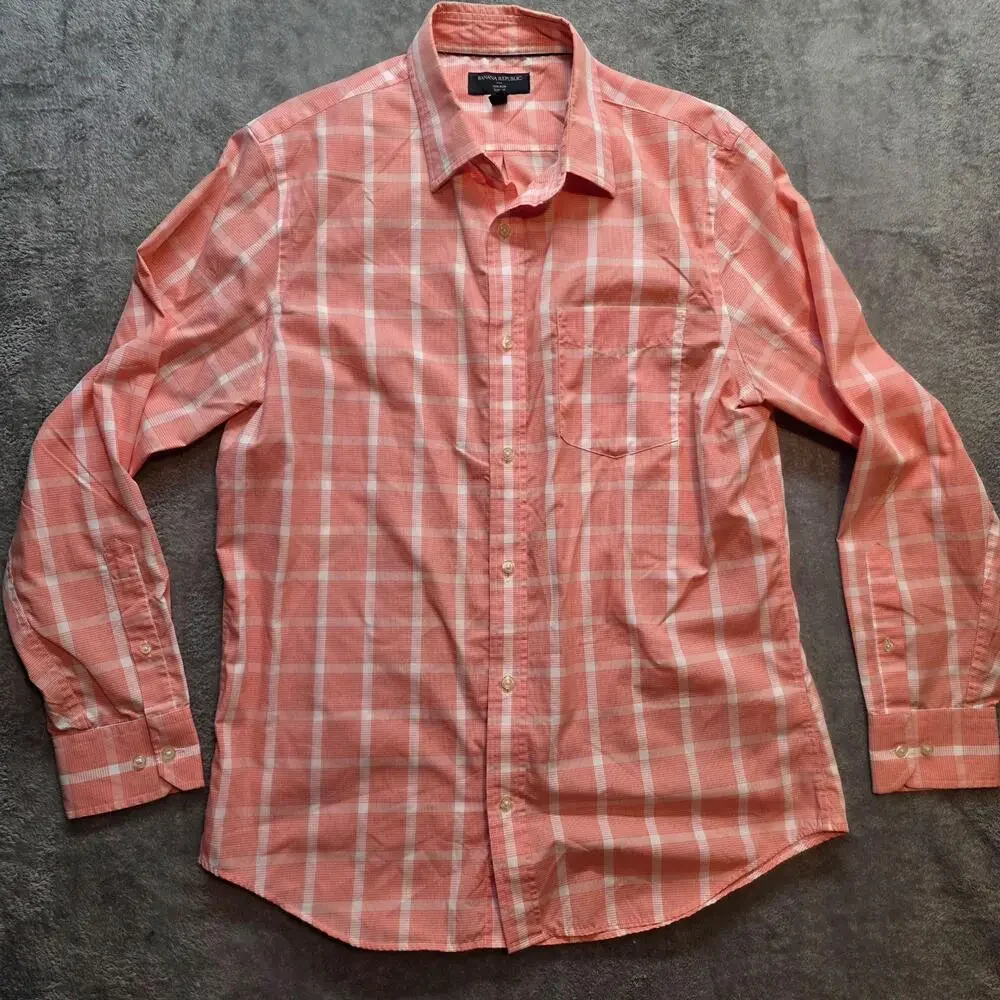 Banana Republic Dress Shirt Mens 16.5 34/35 Pink Plaid Non Iron Slim Fit Cotton